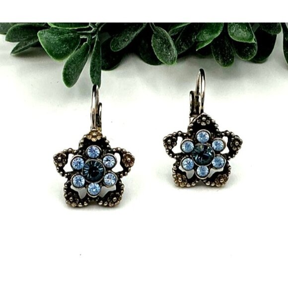 Vintage Style Star-Shaped Silver Tone Earrings With Blue Rhinestones & Leverback - Picture 1 of 5